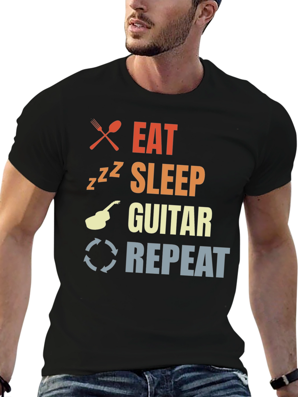 Eat Sleep Guitar Repeat Black T-Shirt