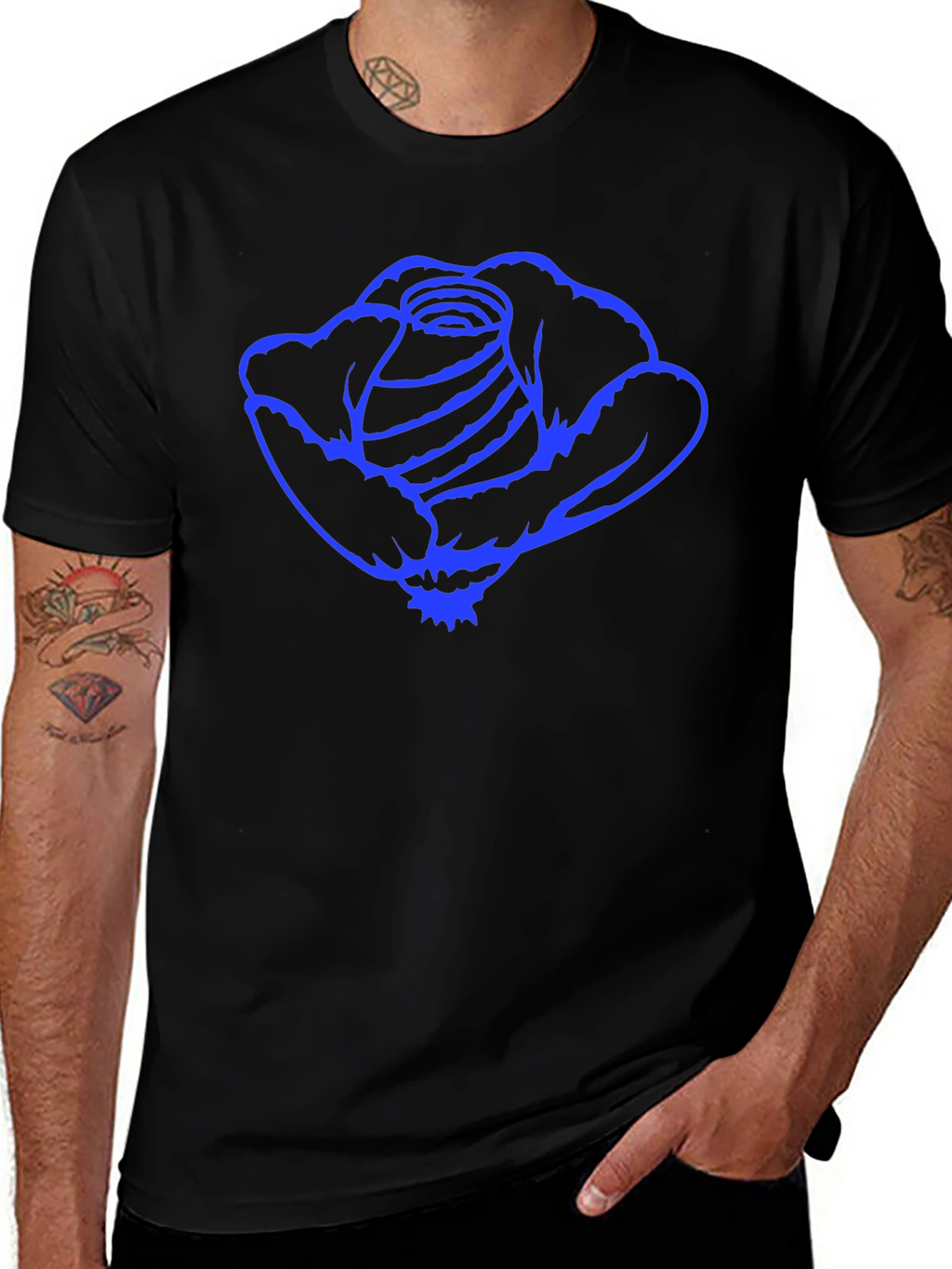 Black T-Shirt with Blue Rose Graphic Print