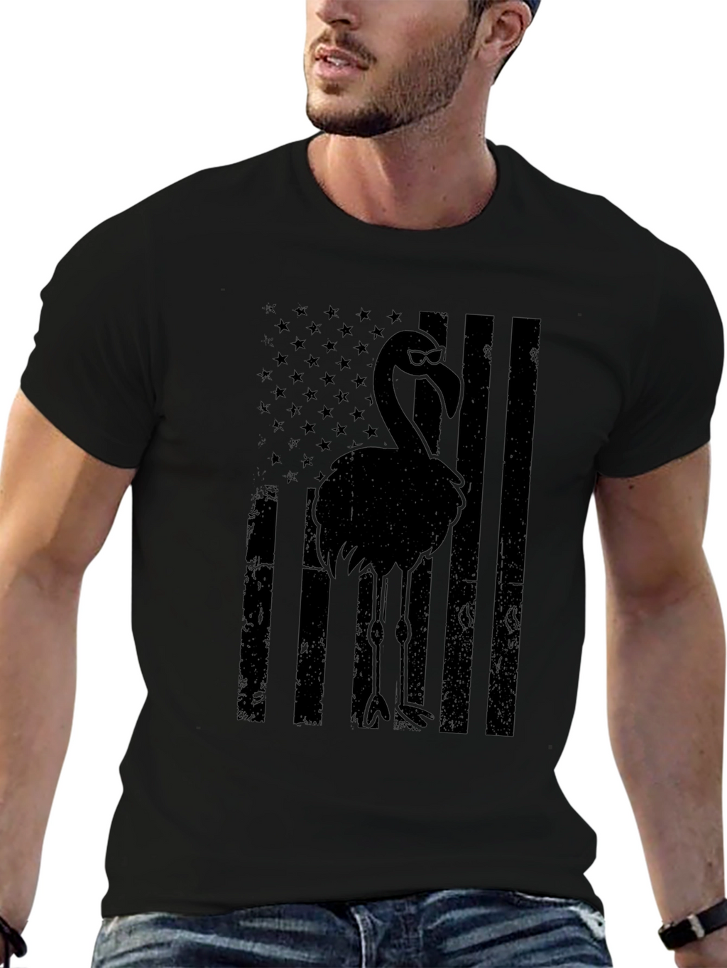 Black Flamingo American Flag Graphic Tee