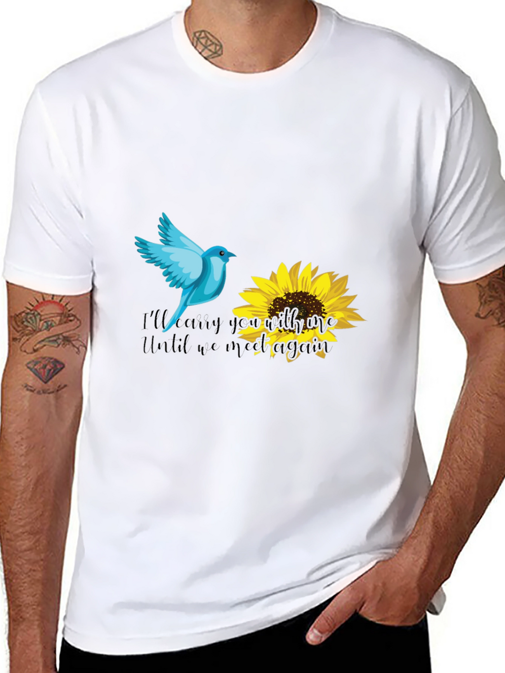 Blue Bird & Sunflower Graphic Black T-Shirt