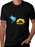Blue Bird & Sunflower Graphic Black T-Shirt