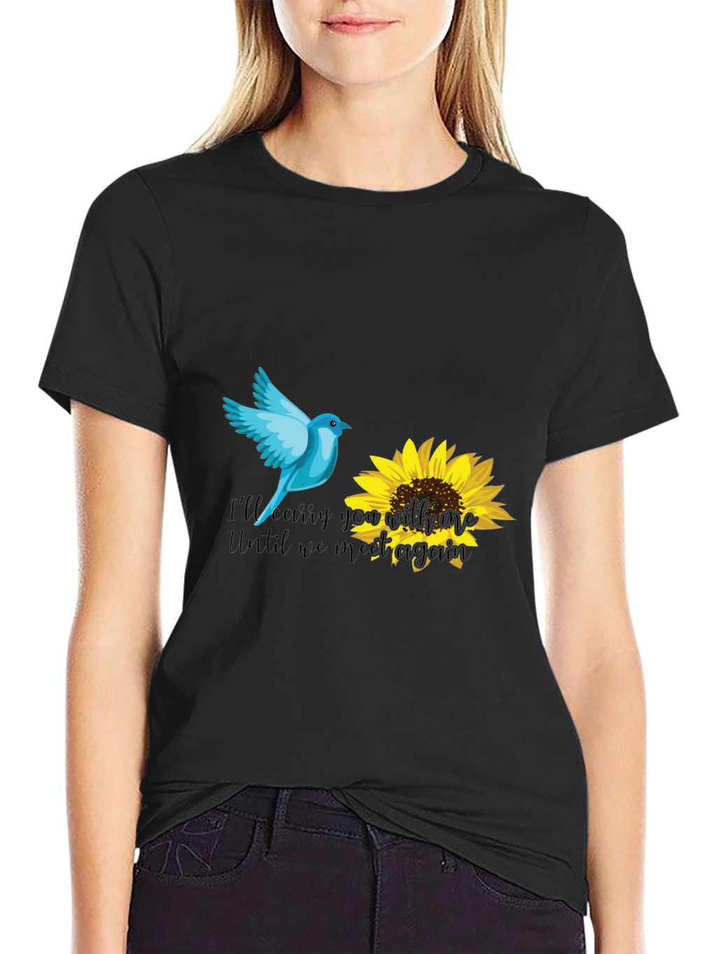 Blue Bird & Sunflower Graphic Black T-Shirt