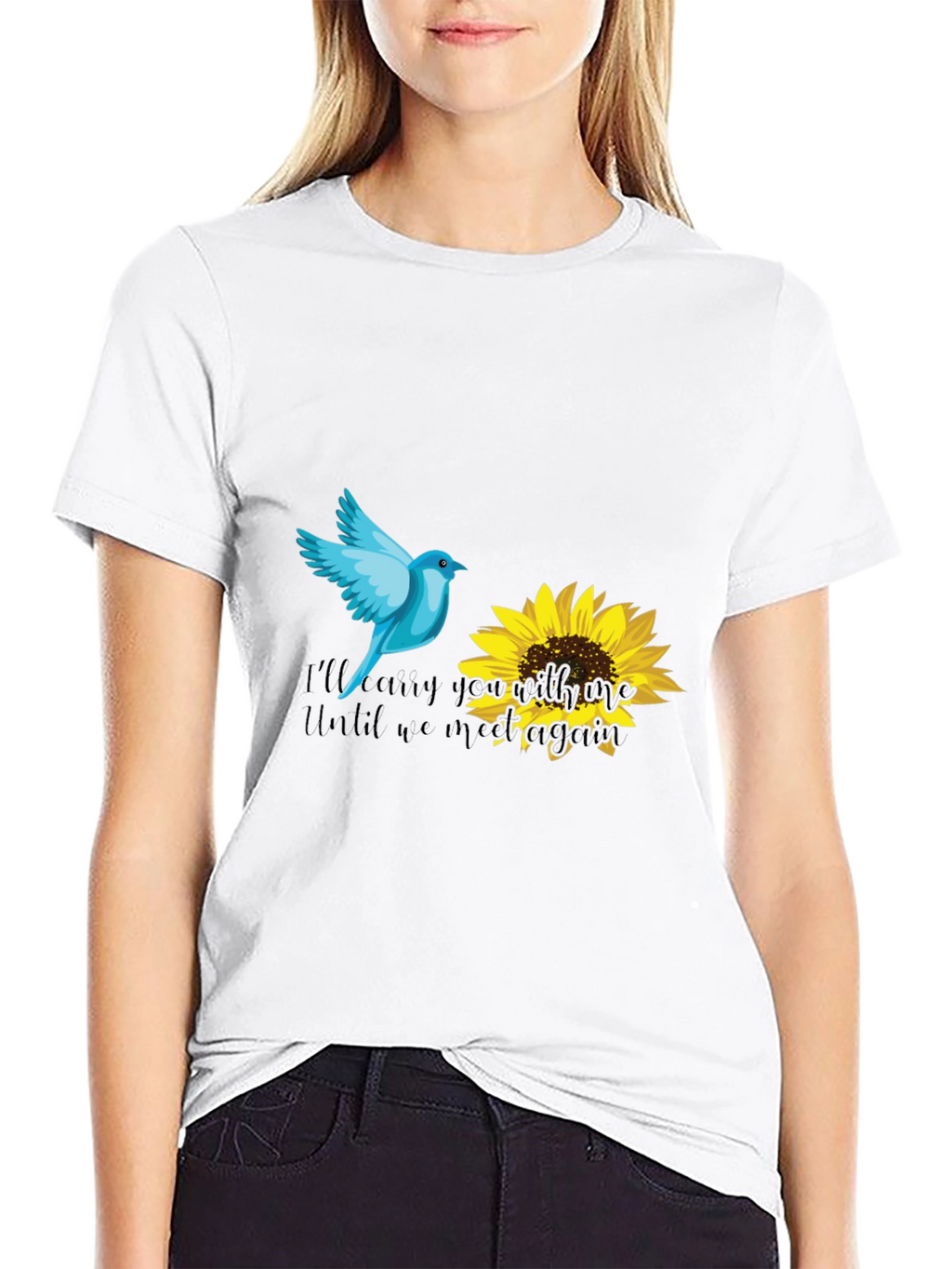 Blue Bird & Sunflower Graphic Black T-Shirt
