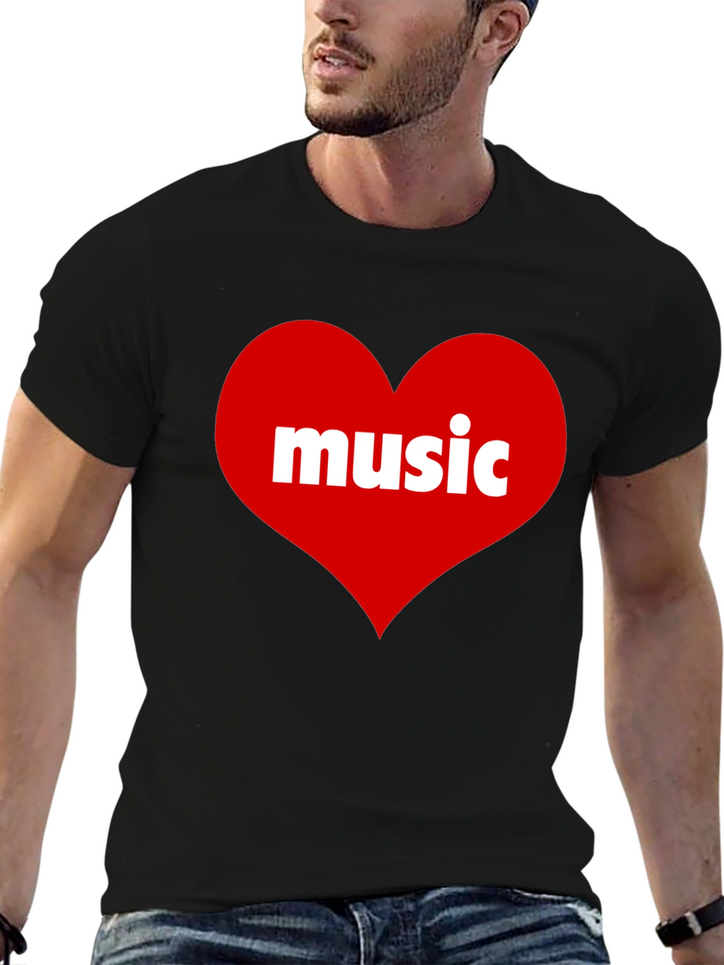 Music Lovers Black T-Shirt with Heart Design