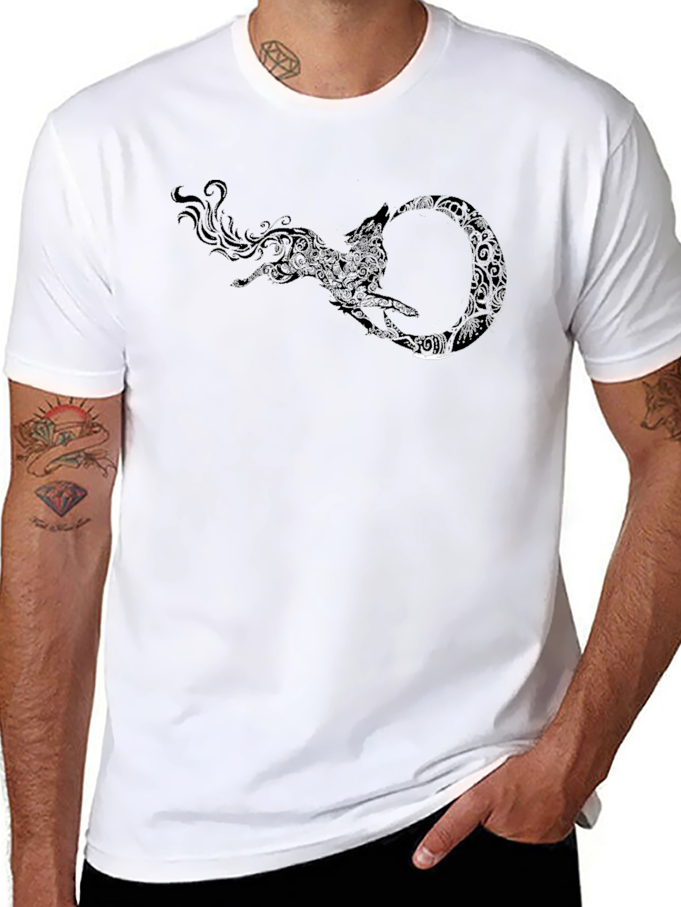 Black Tee with Wolf Ouroboros Design