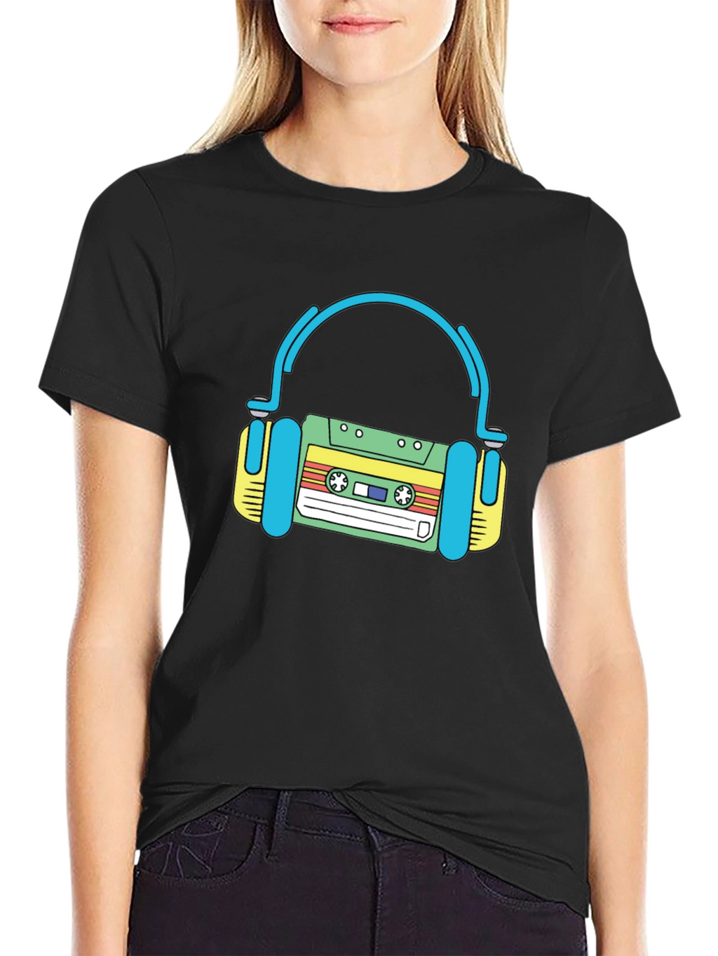 Retro Cassette Tape Headphones Black T-Shirt