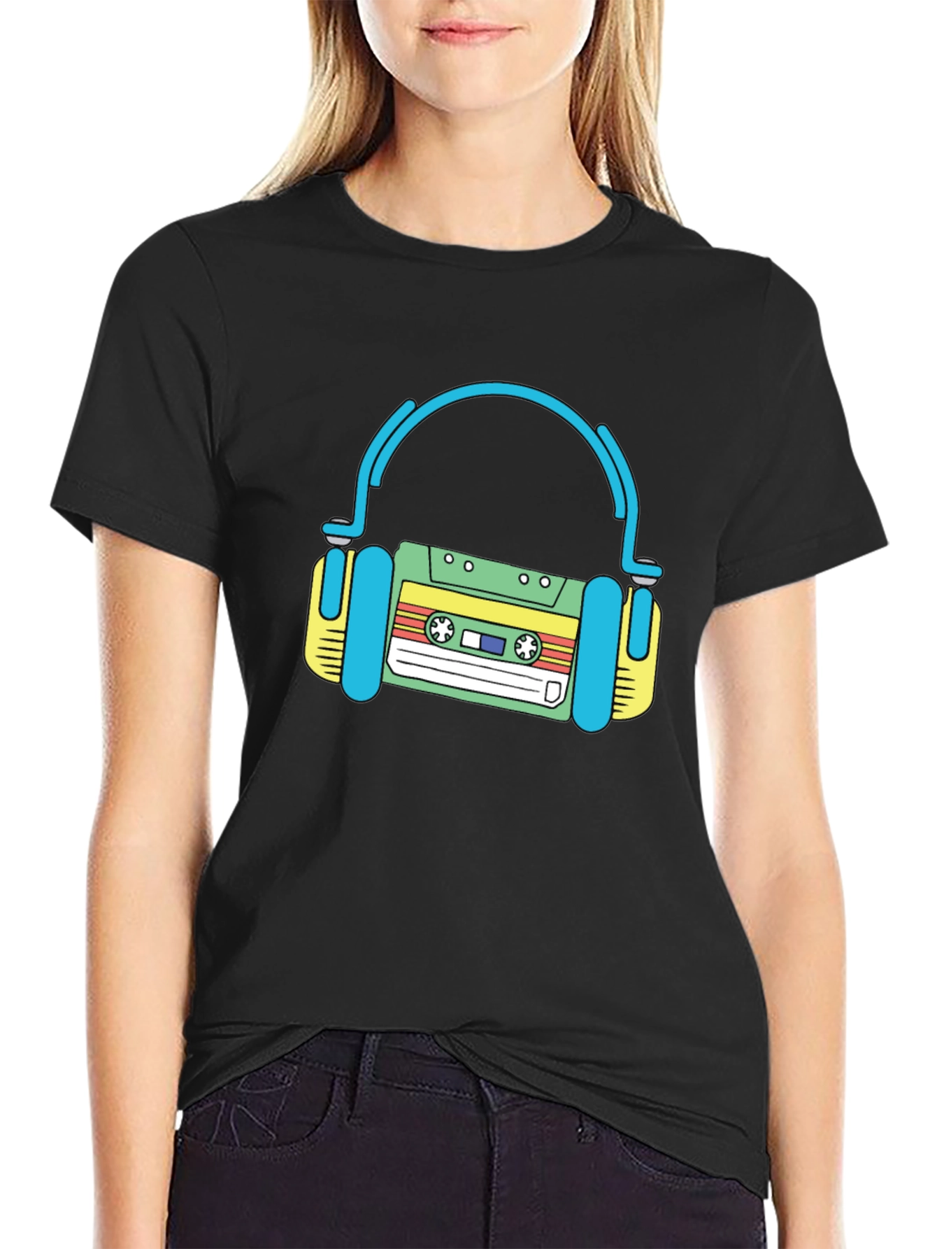Retro Cassette Tape Headphones Black T-Shirt