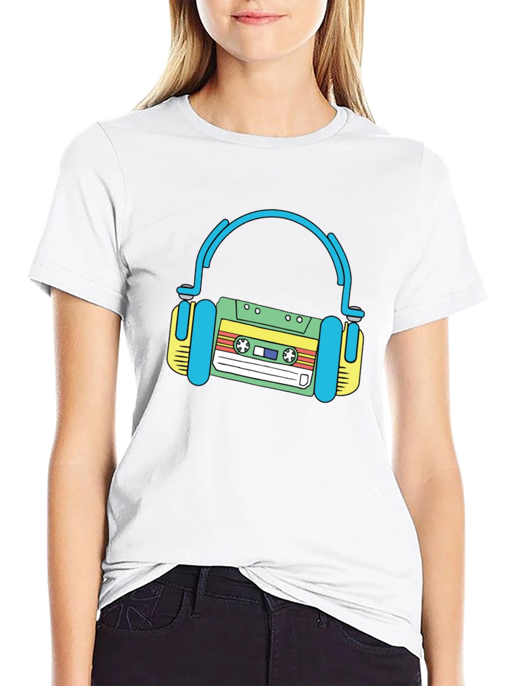 Retro Cassette Tape Headphones Black T-Shirt