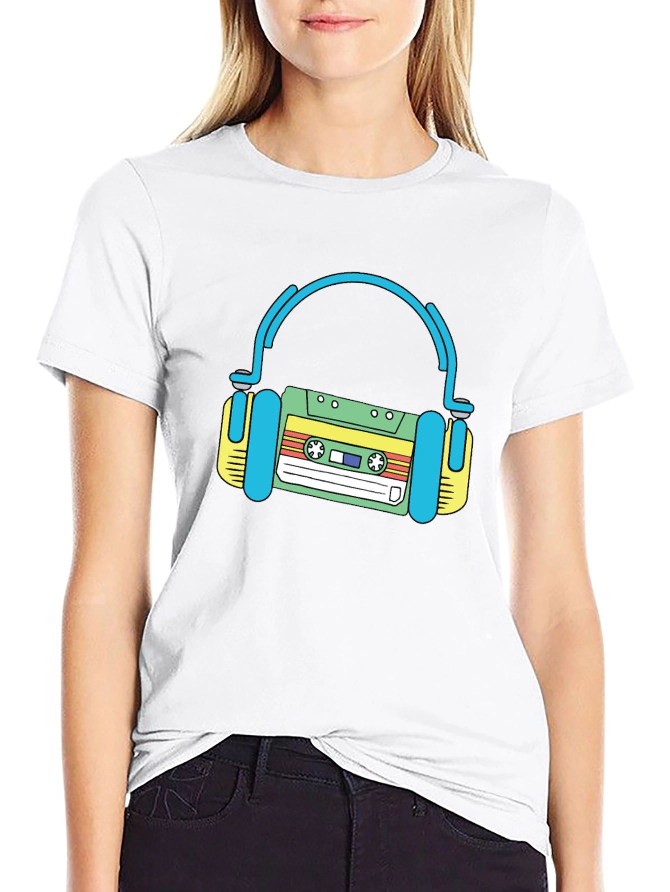 Retro Cassette Tape Headphones Black T-Shirt