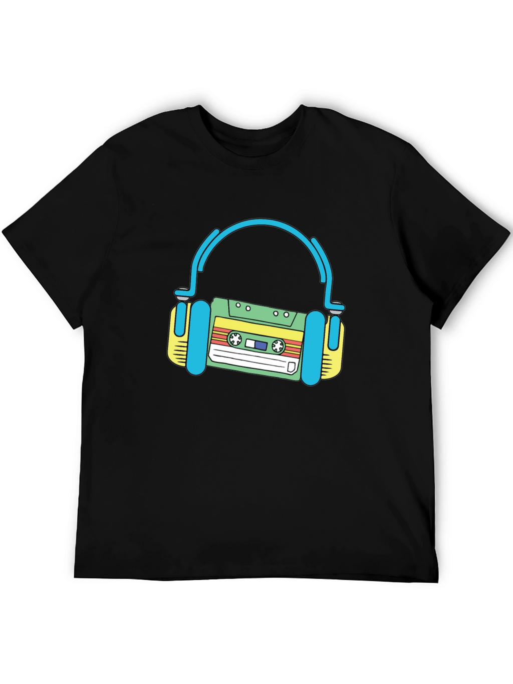 Retro Cassette Tape Headphones Black T-Shirt