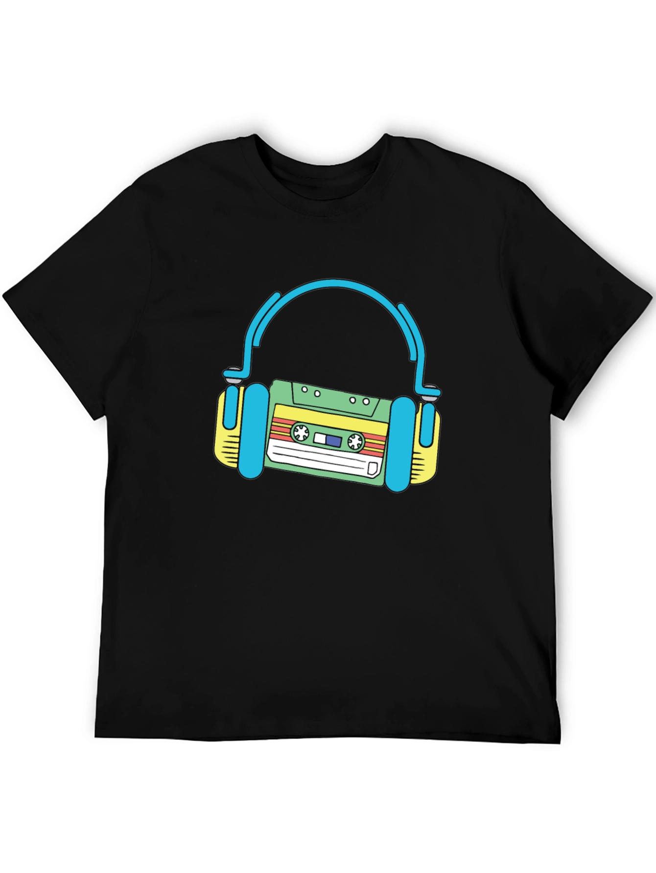 Retro Cassette Tape Headphones Black T-Shirt