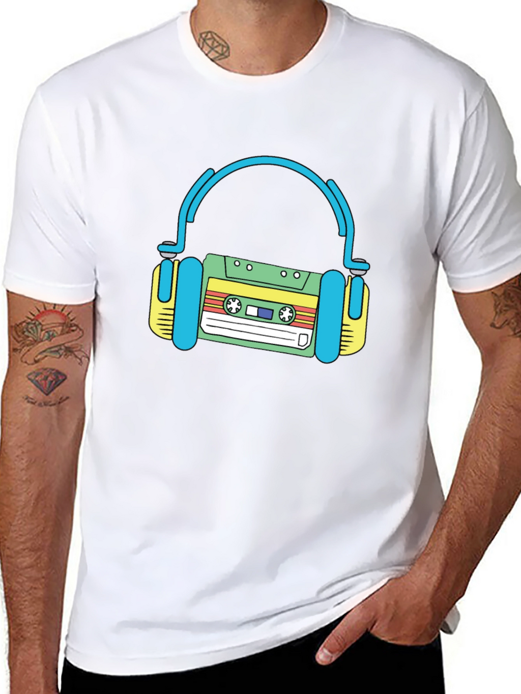 Retro Cassette Tape Headphones Black T-Shirt