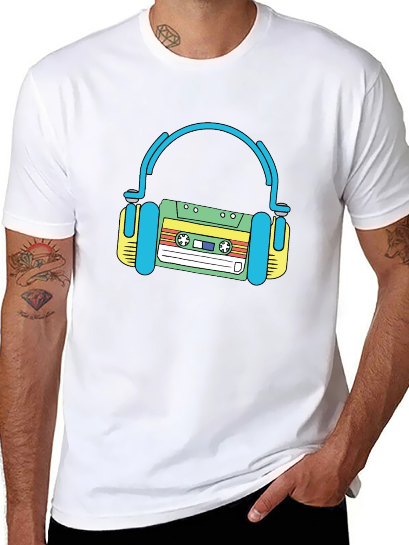 Retro Cassette Tape Headphones Black T-Shirt