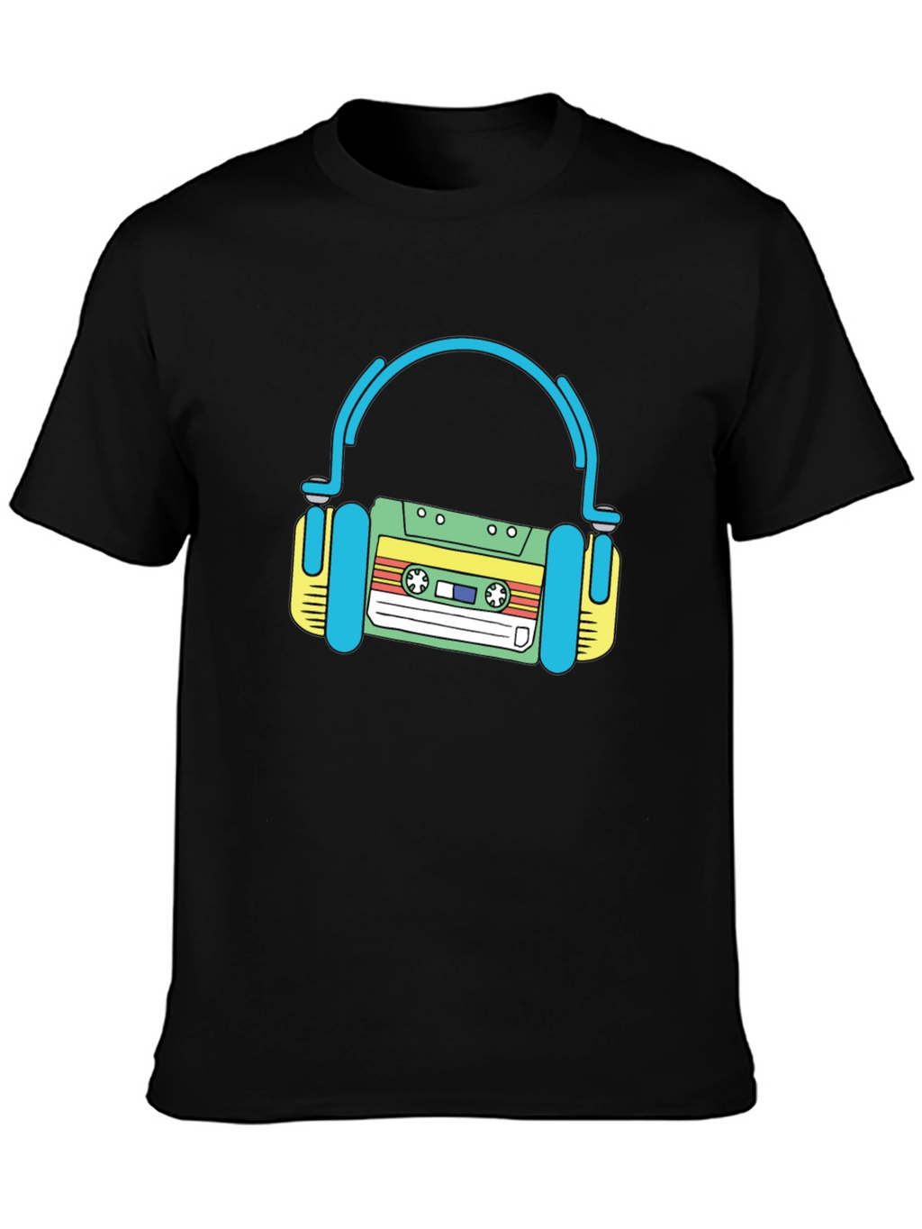 Retro Cassette Tape Headphones Black T-Shirt