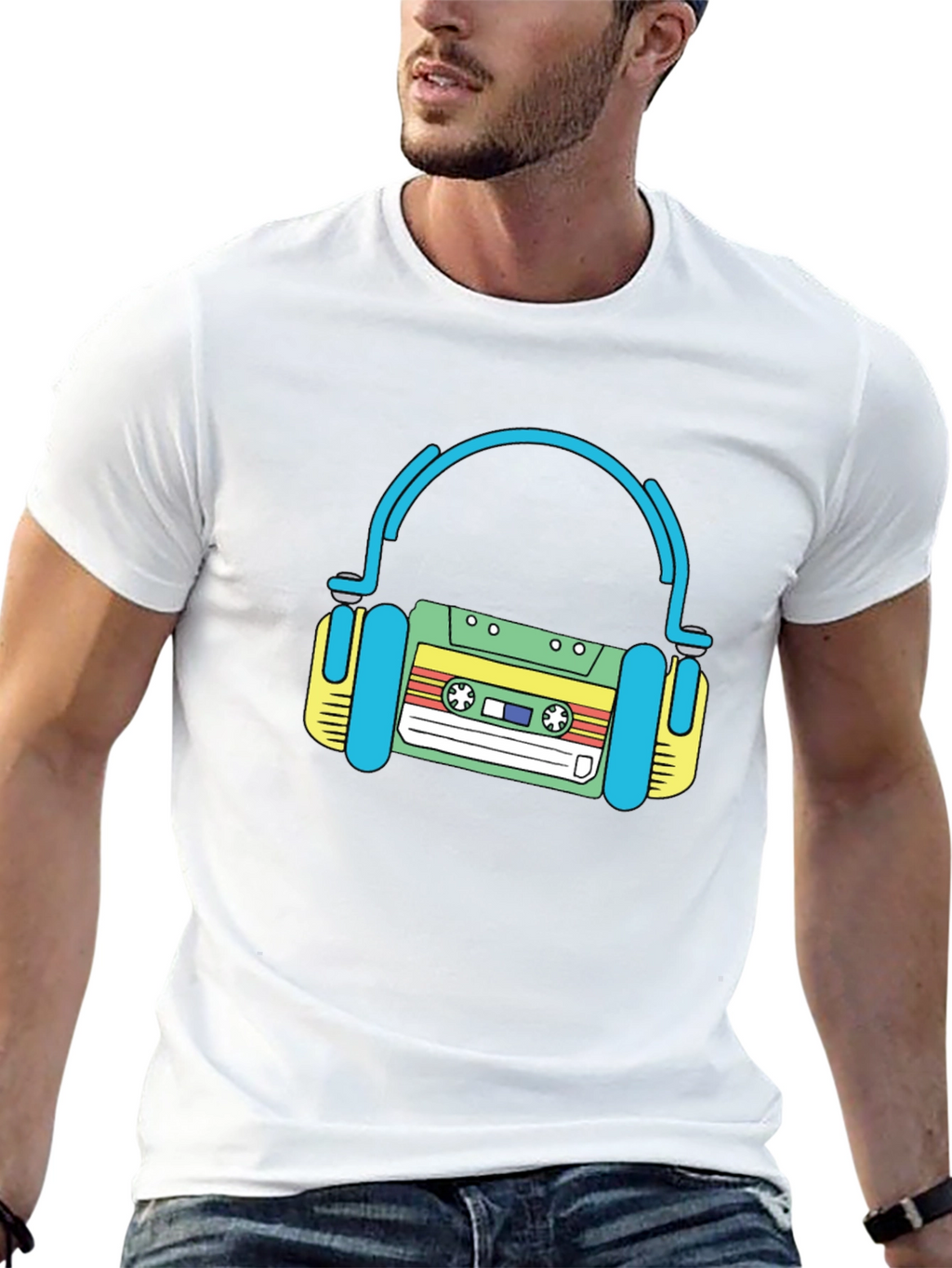 Retro Cassette Tape Headphones Black T-Shirt