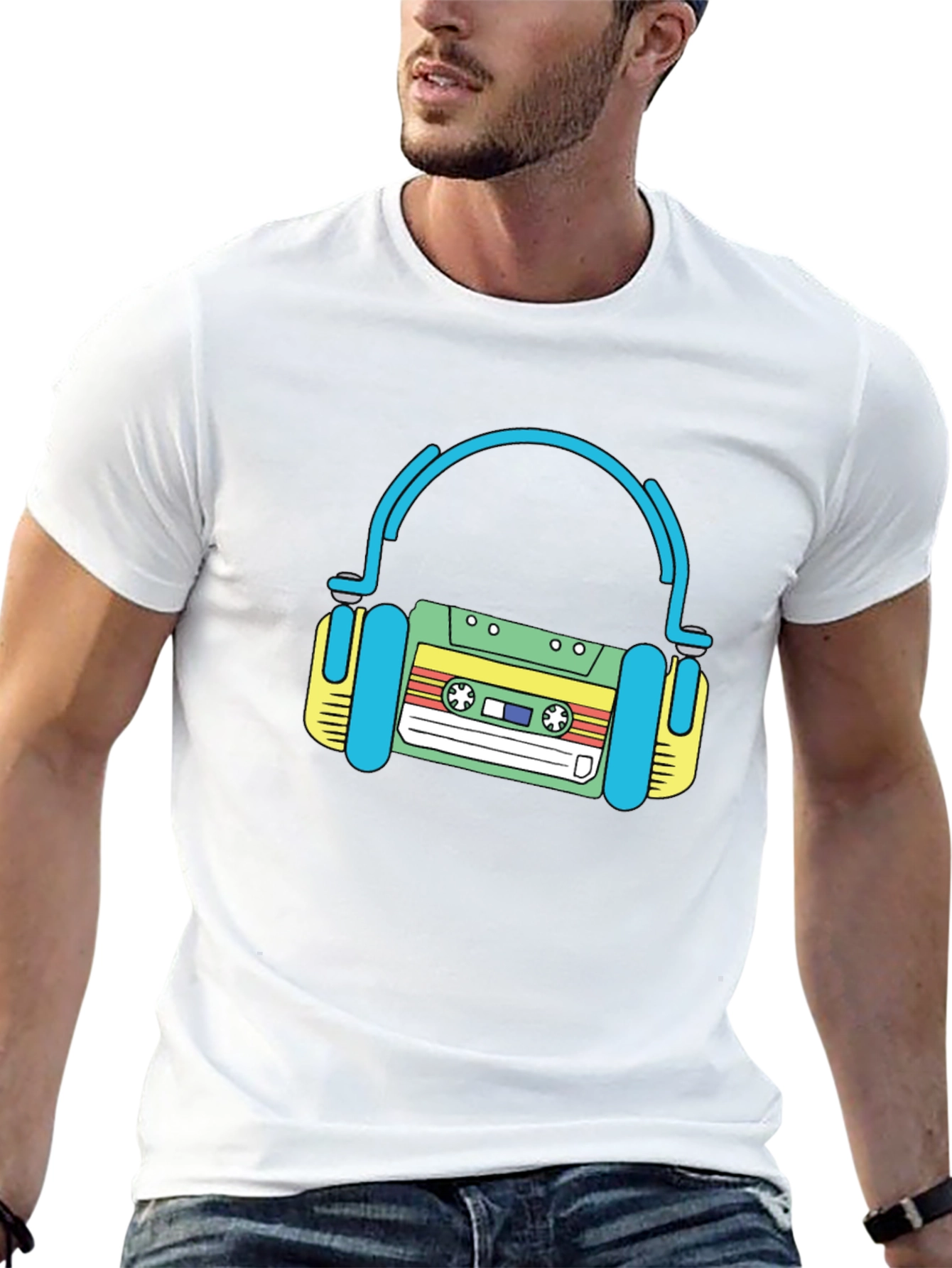 Retro Cassette Tape Headphones Black T-Shirt