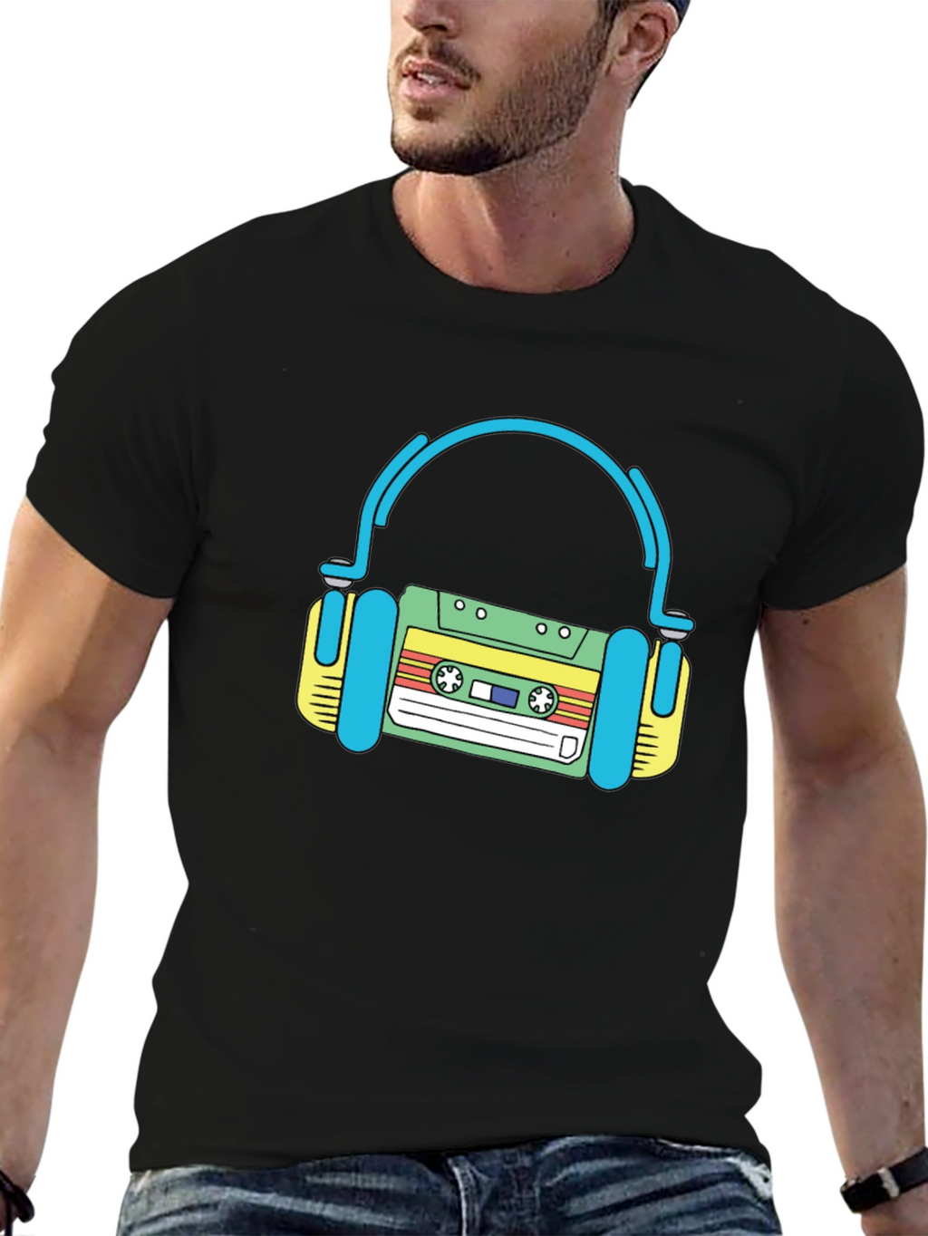 Retro Cassette Tape Headphones Black T-Shirt