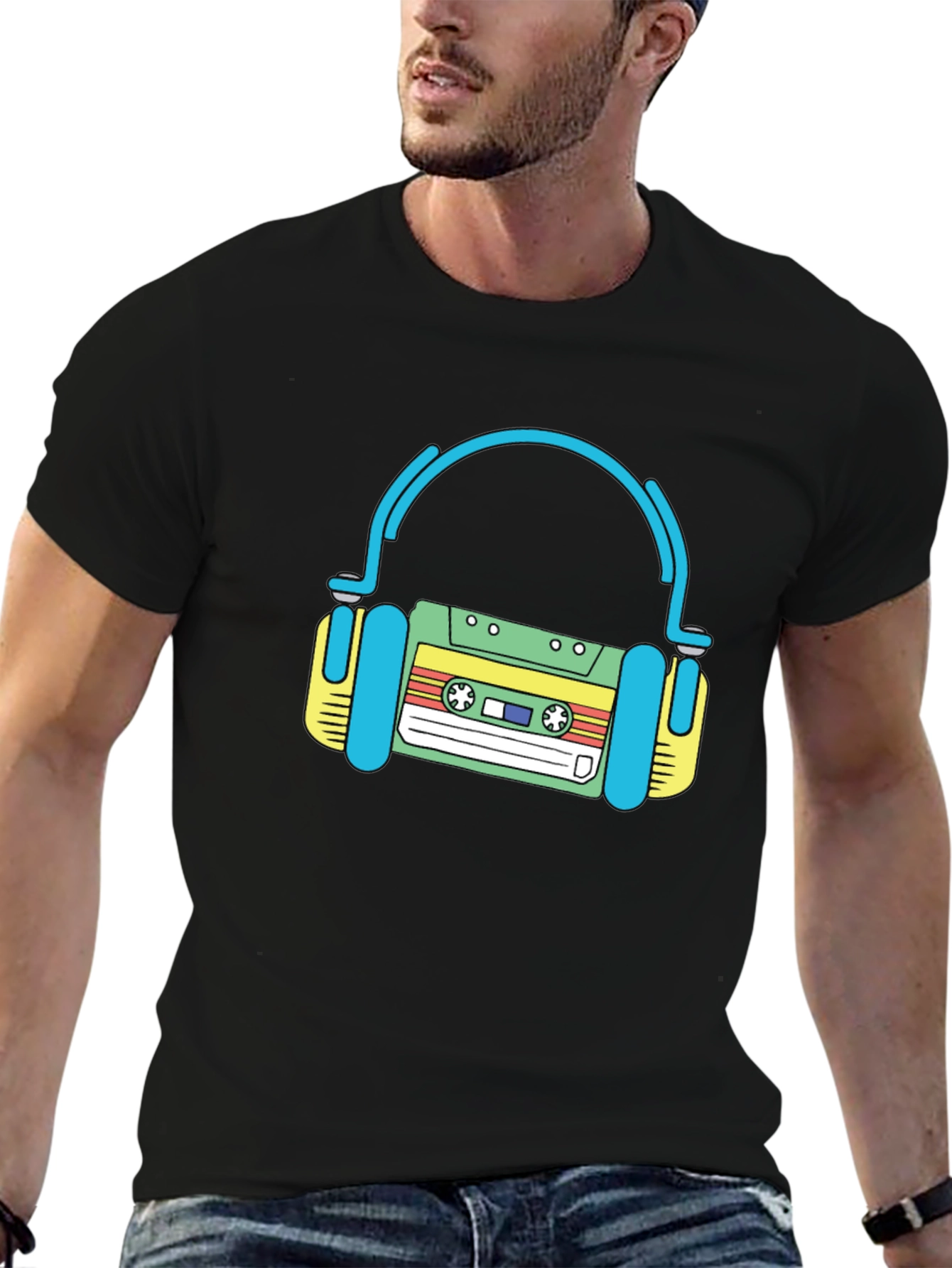 Retro Cassette Tape Headphones Black T-Shirt