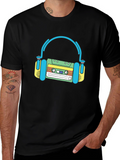 Retro Cassette Tape Headphones Black T-Shirt