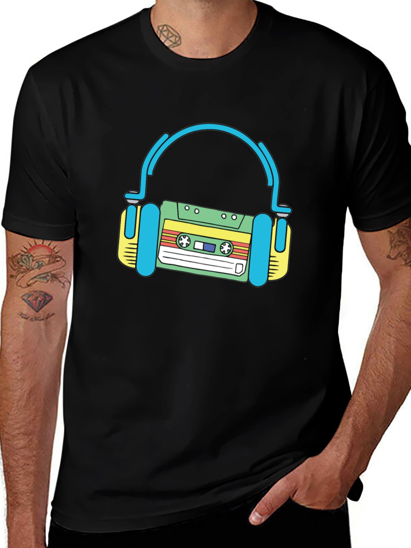 Retro Cassette Tape Headphones Black T-Shirt