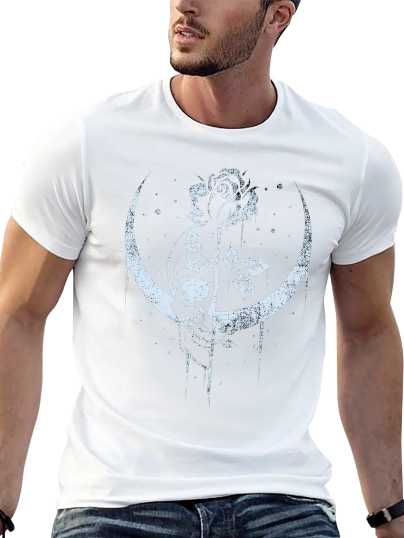 Skull and Rose Graphic Tee - Crescent Moon Design