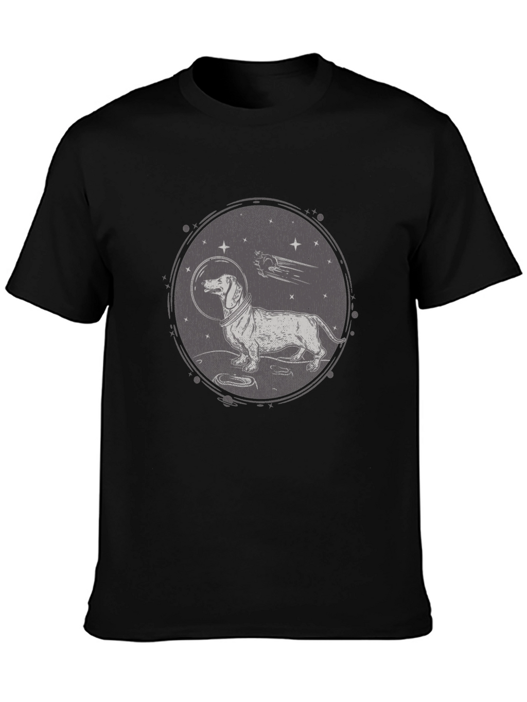 Dachshund Astronaut Graphic T-Shirt - Black Crew Neck