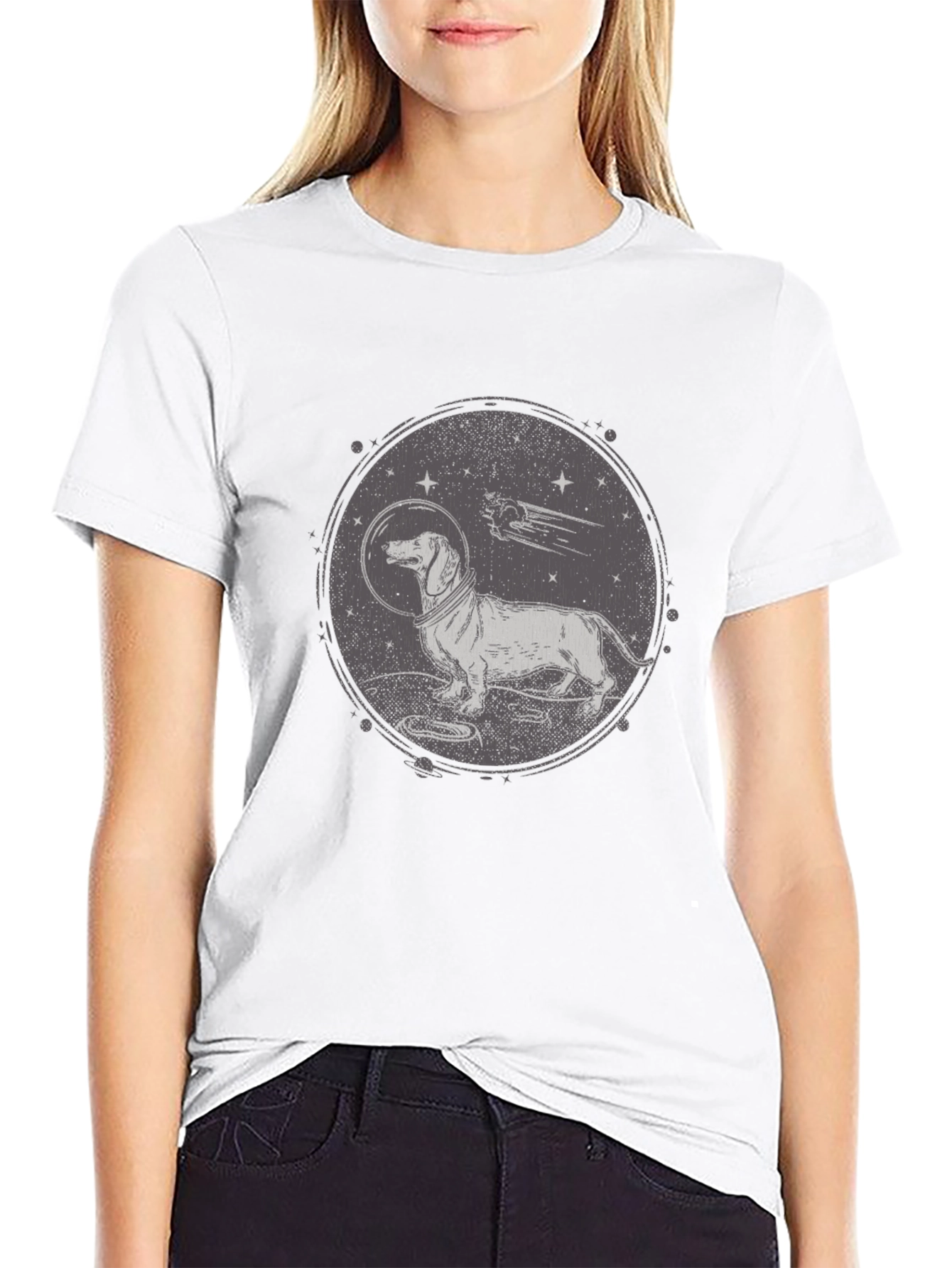 Dachshund Astronaut Graphic T-Shirt - Black Crew Neck