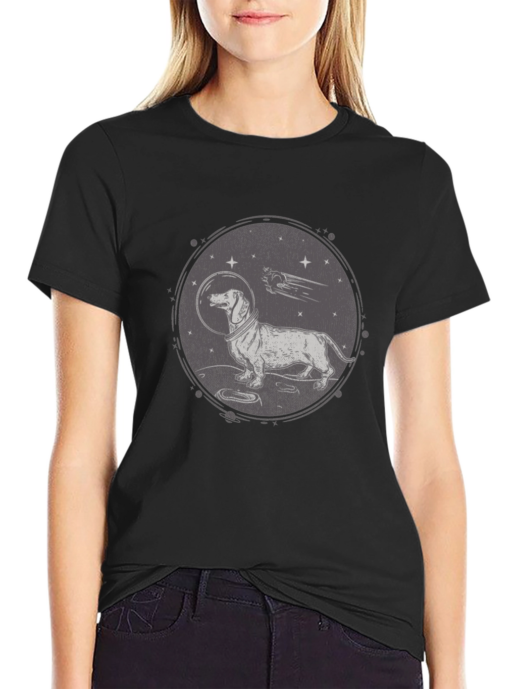 Dachshund Astronaut Graphic T-Shirt - Black Crew Neck