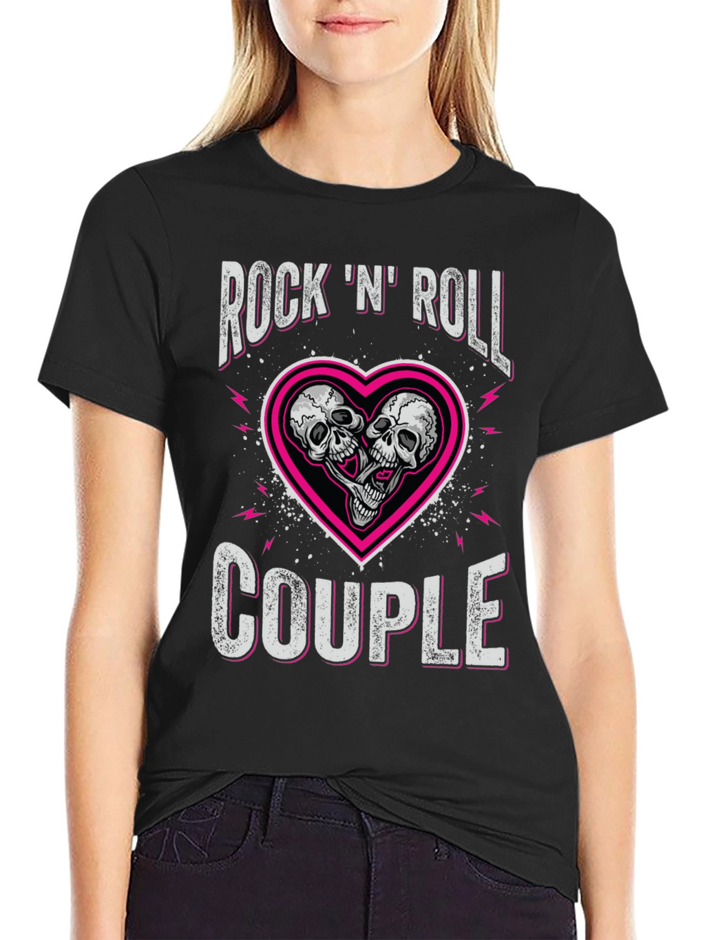 Rock N Roll Couple Skull Heart Graphic Tee