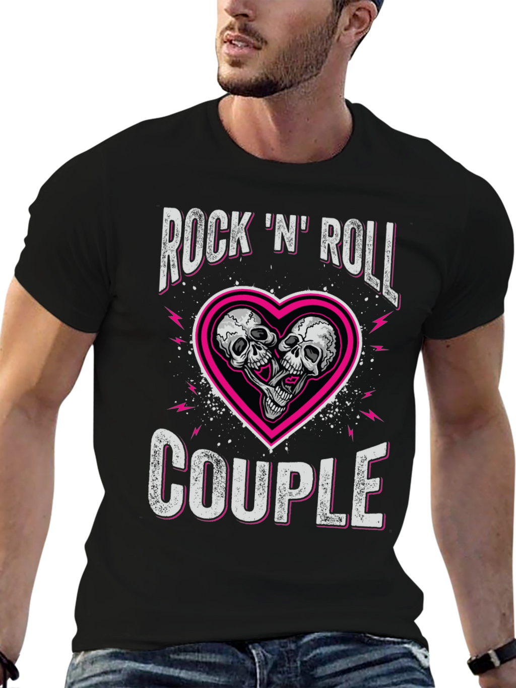 Rock N Roll Couple Skull Heart Graphic Tee