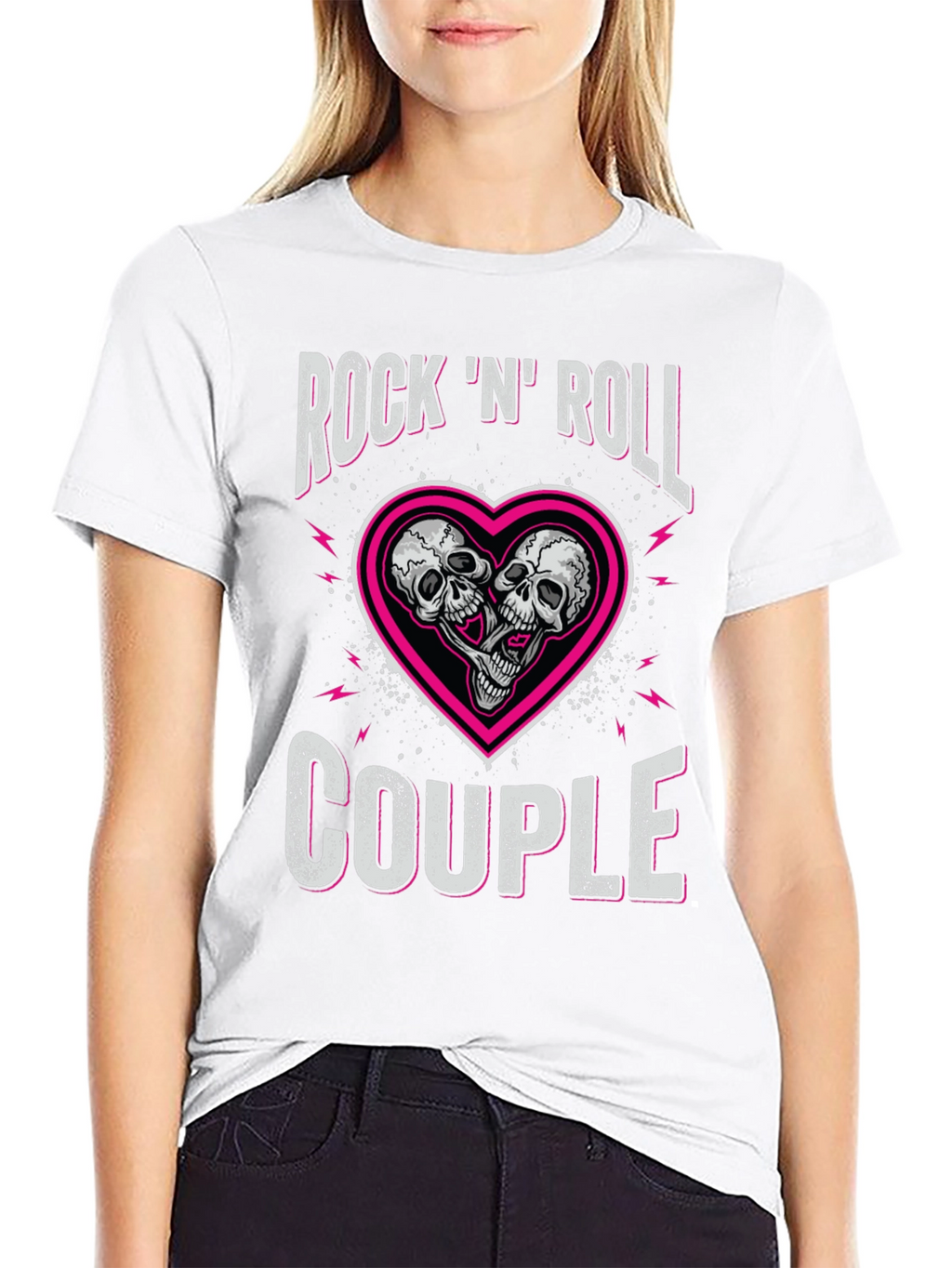 Rock N Roll Couple Skull Heart Graphic Tee