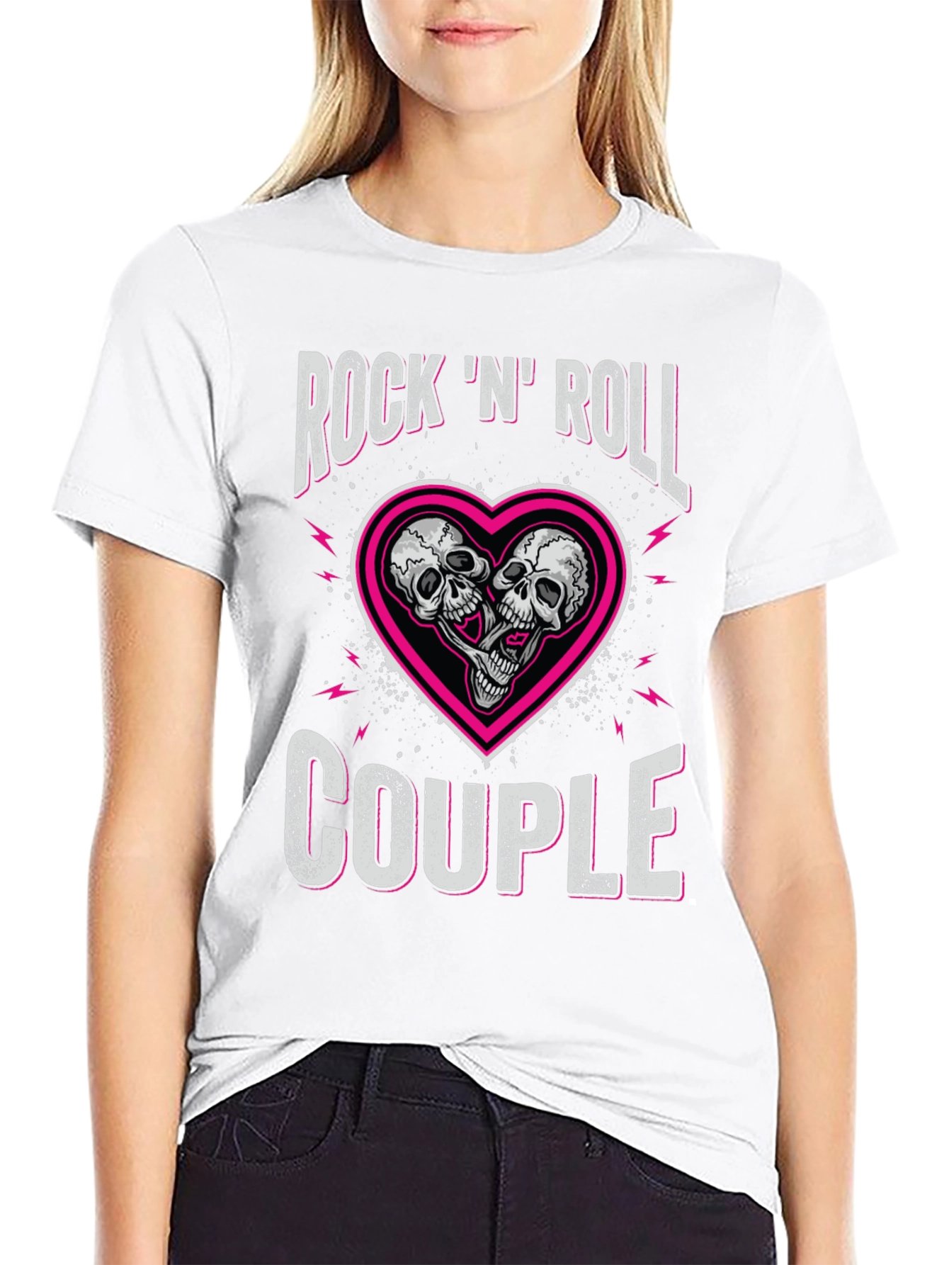 Rock N Roll Couple Skull Heart Graphic Tee