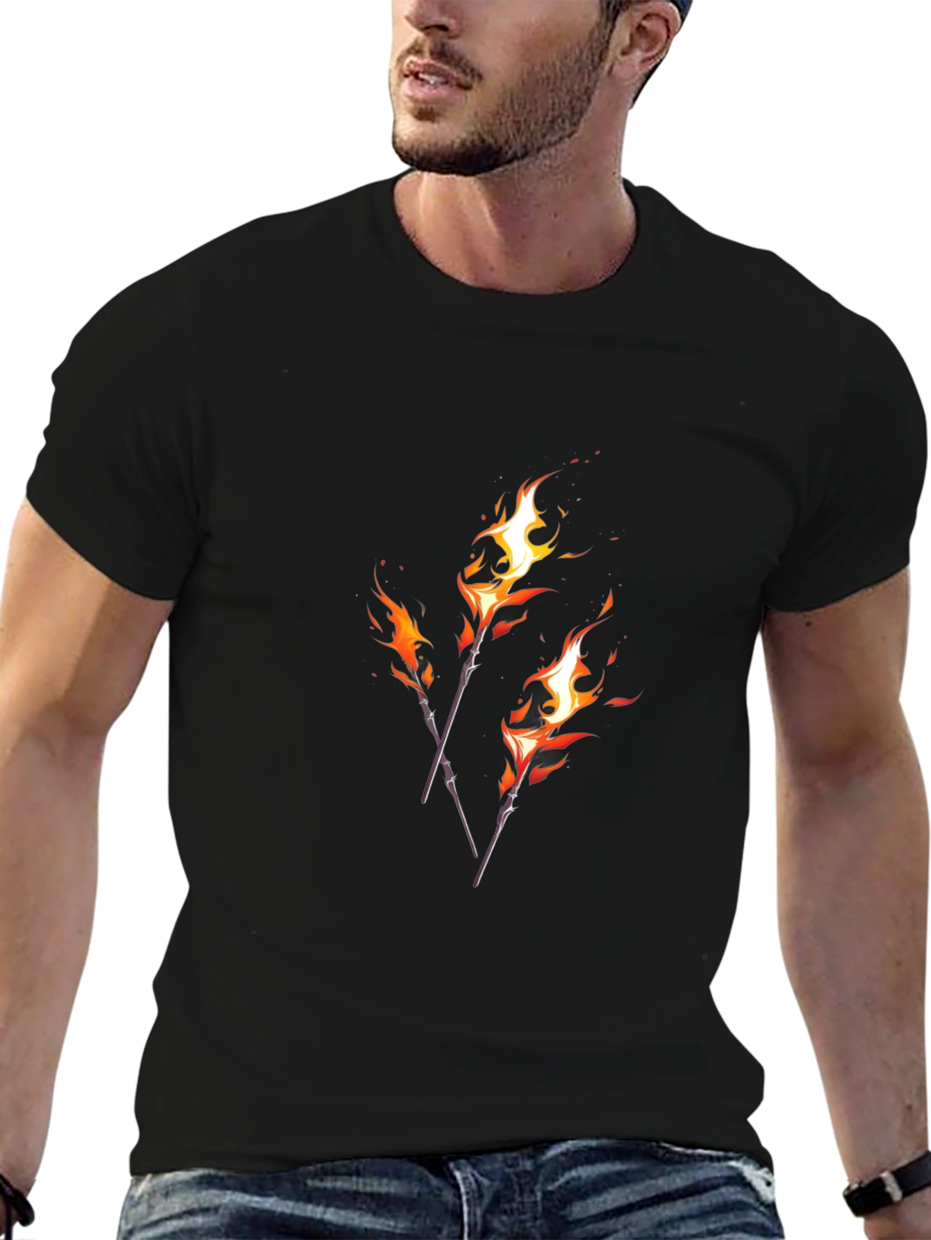 Fiery Torches Graphic Tee - Black Cotton Shirt