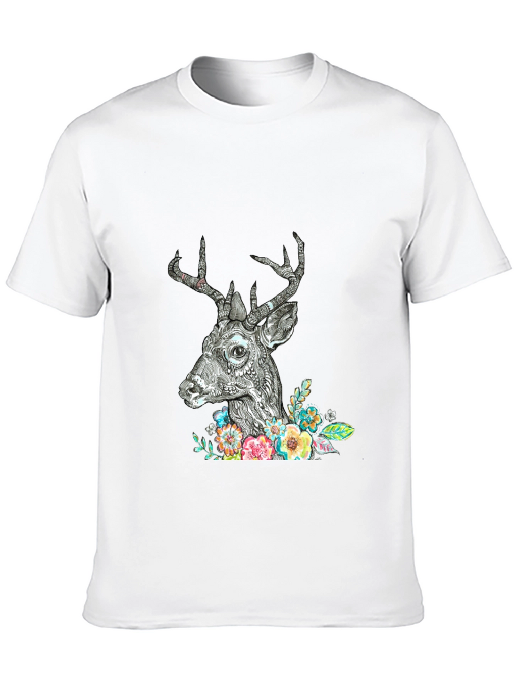 Deer Floral Graphic Print Black T-Shirt