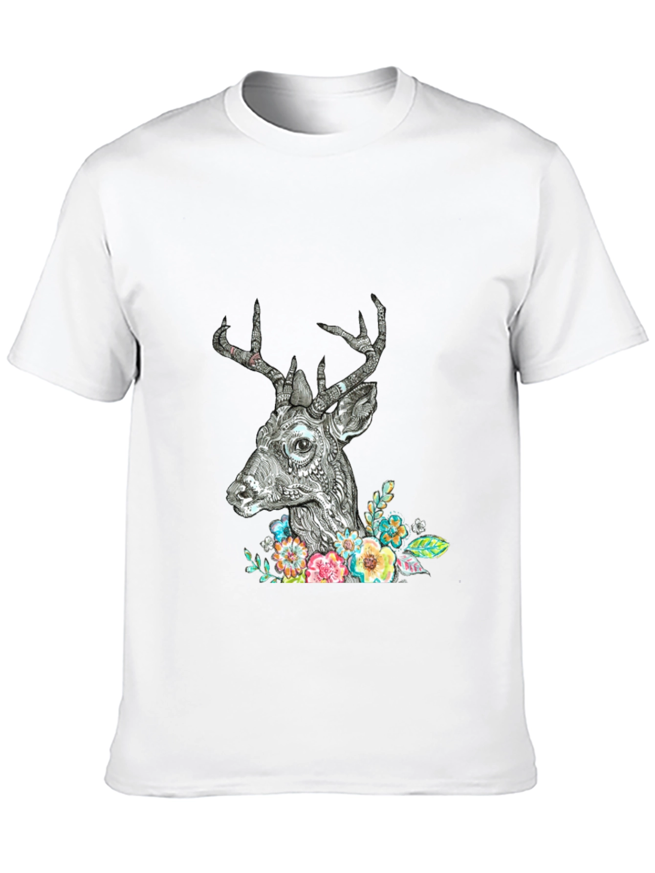 Deer Floral Graphic Print Black T-Shirt