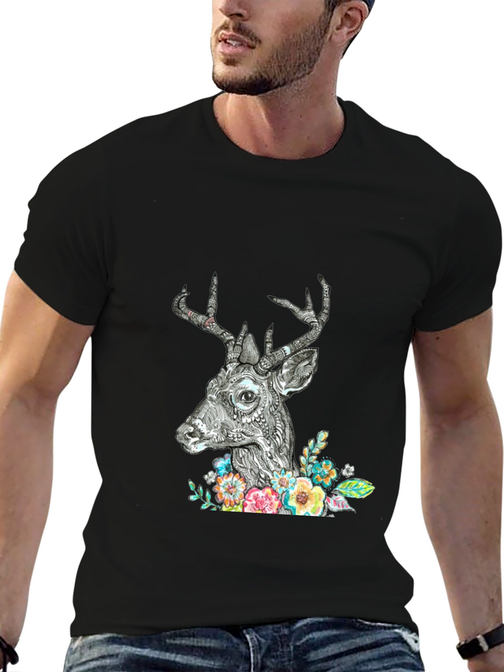 Deer Floral Graphic Print Black T-Shirt