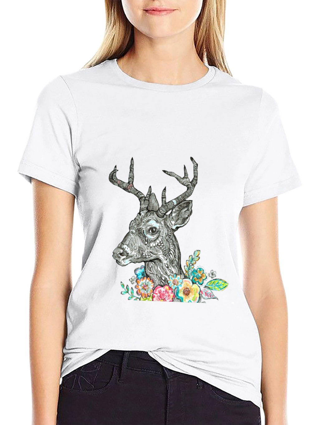 Deer Floral Graphic Print Black T-Shirt