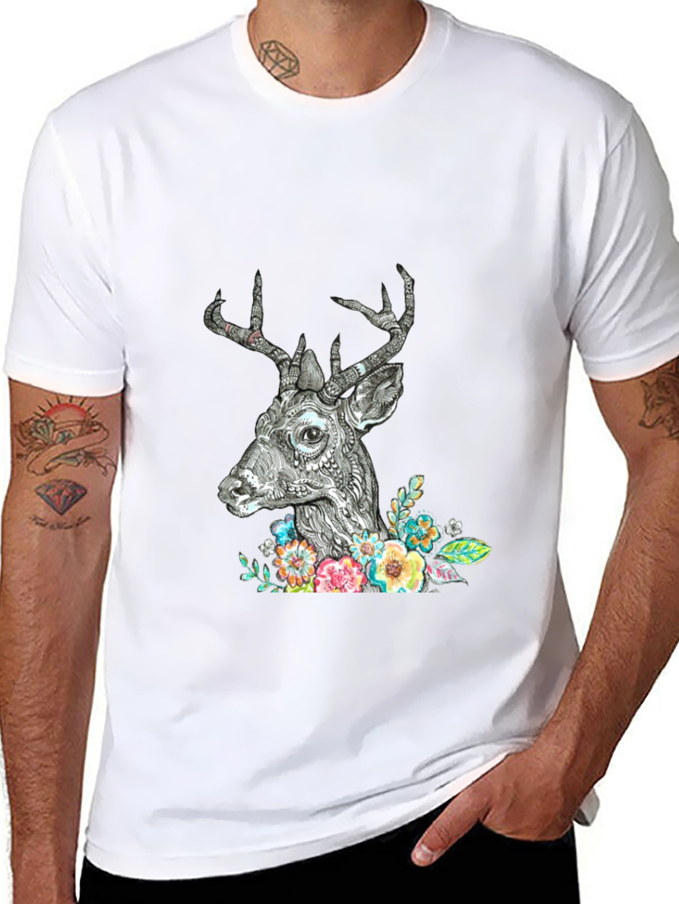Deer Floral Graphic Print Black T-Shirt