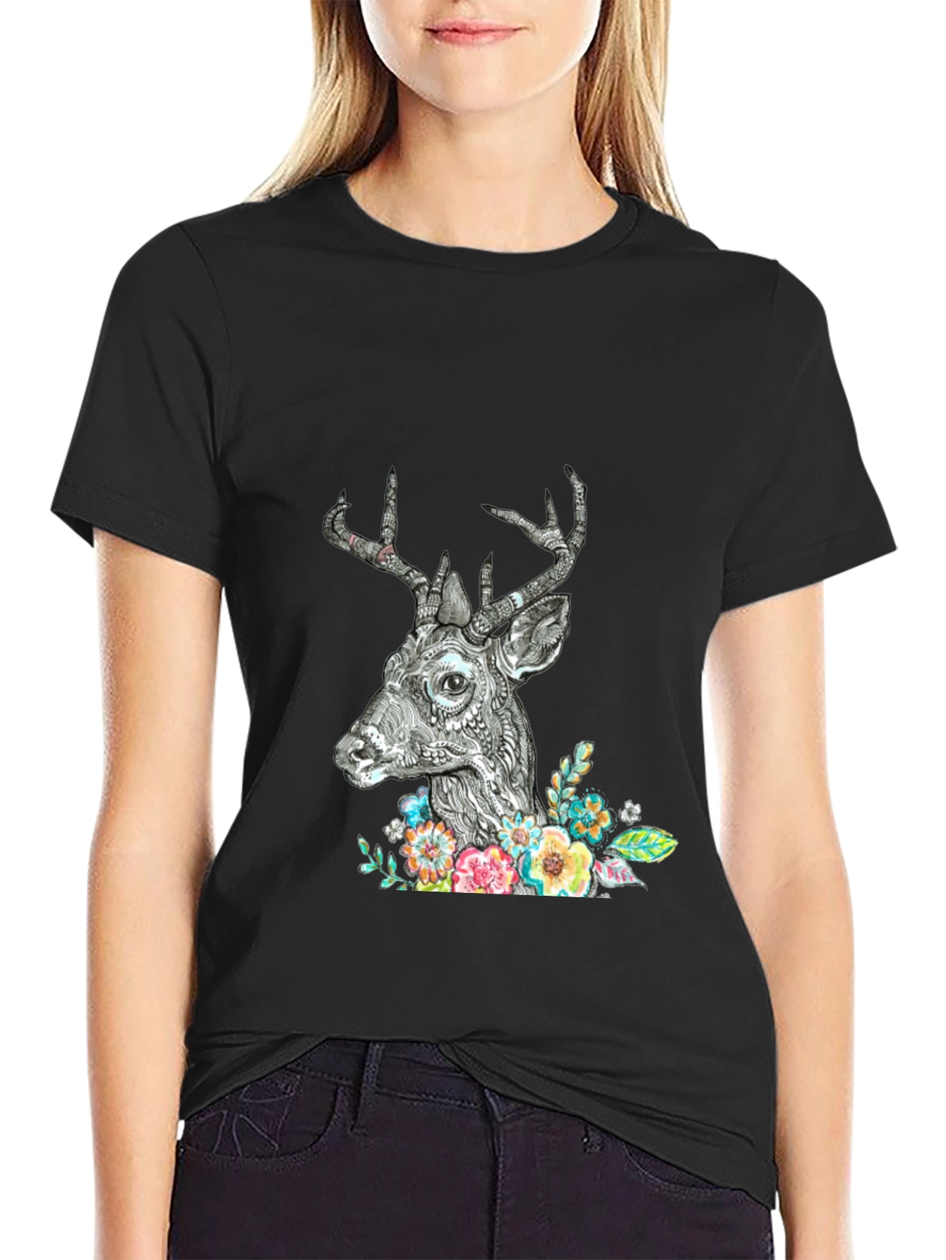 Deer Floral Graphic Print Black T-Shirt