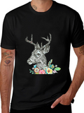 Deer Floral Graphic Print Black T-Shirt