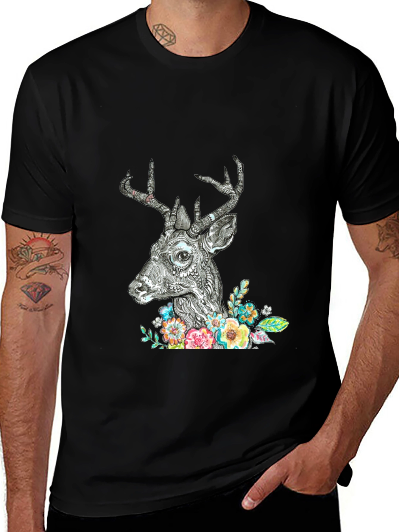 Deer Floral Graphic Print Black T-Shirt