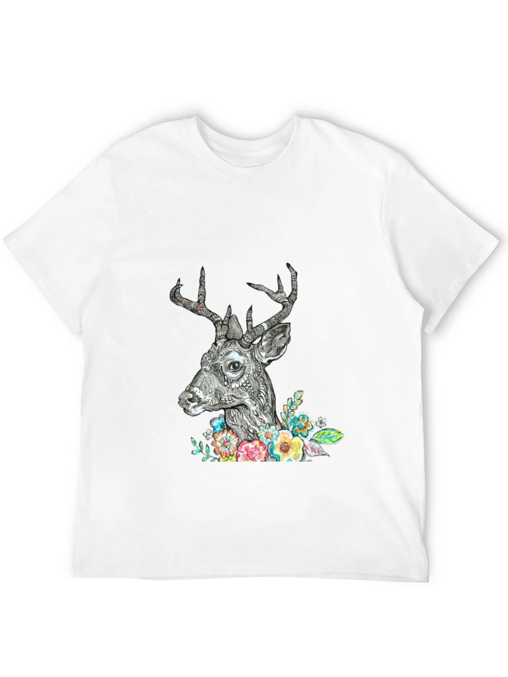 Deer Floral Graphic Print Black T-Shirt