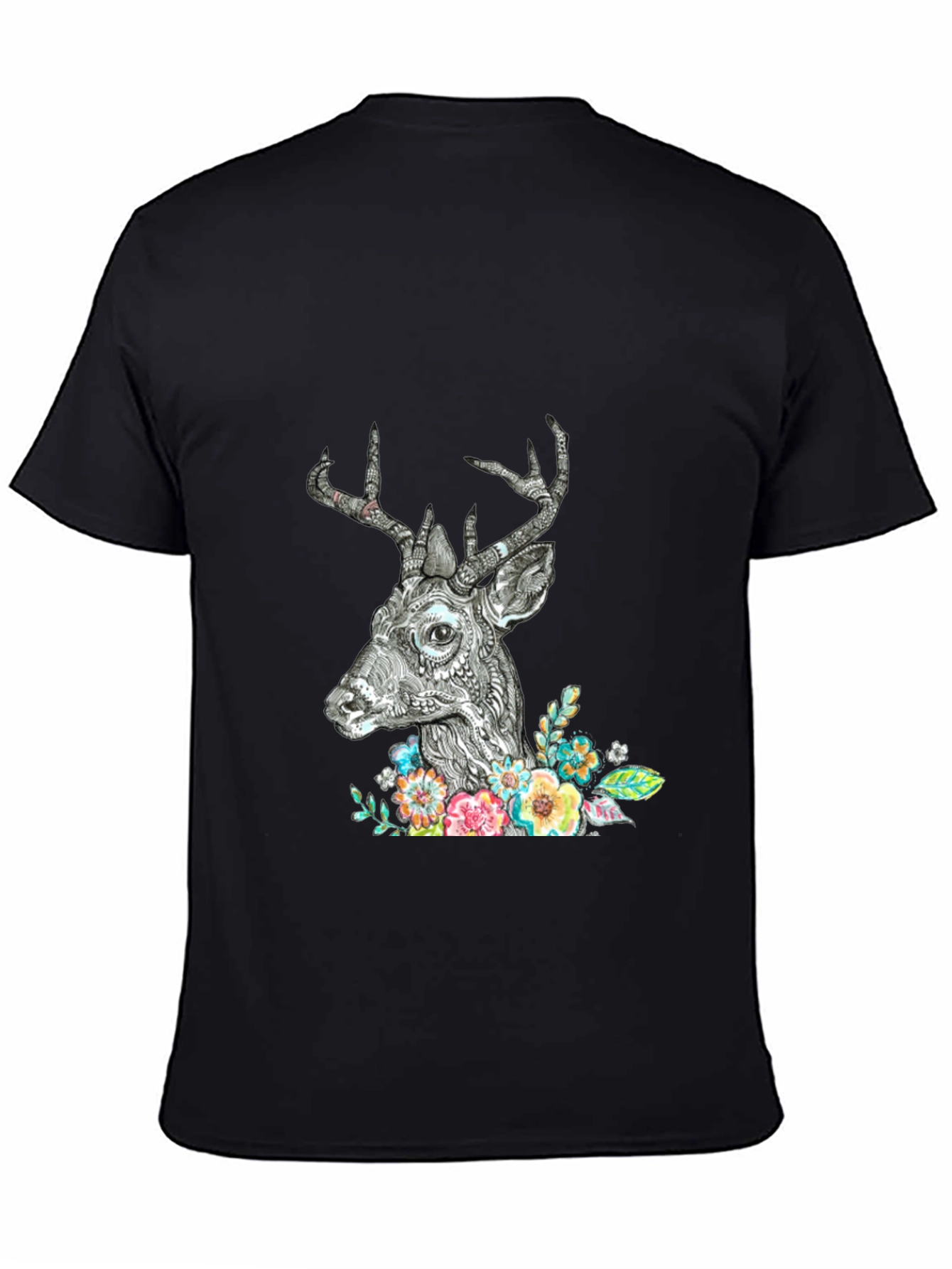 Deer Floral Graphic Print Black T-Shirt