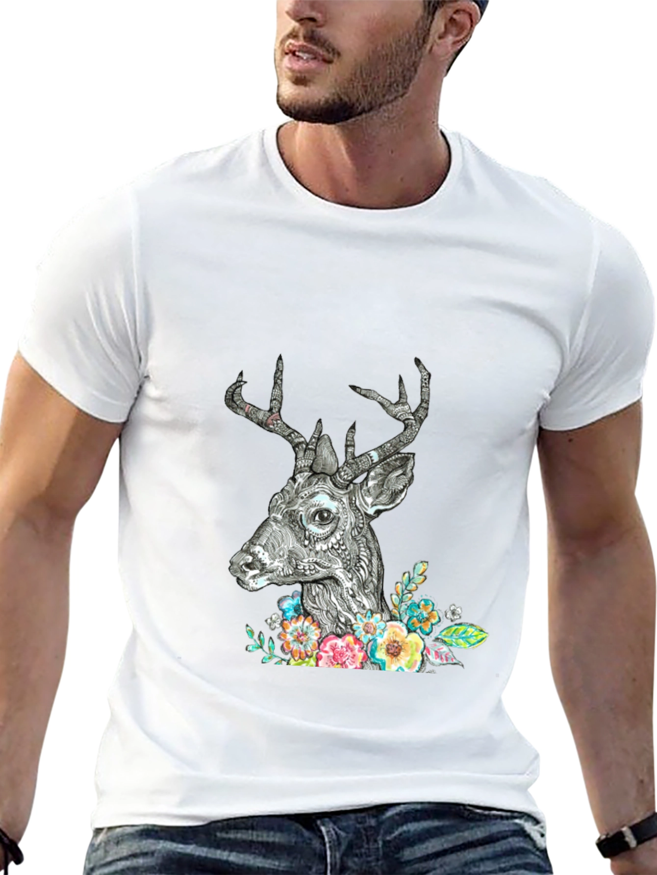 Deer Floral Graphic Print Black T-Shirt