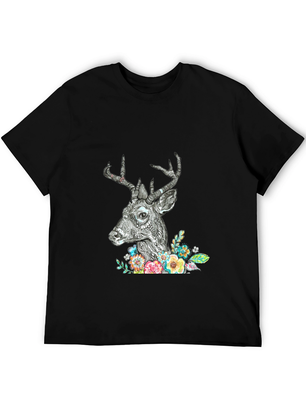 Deer Floral Graphic Print Black T-Shirt