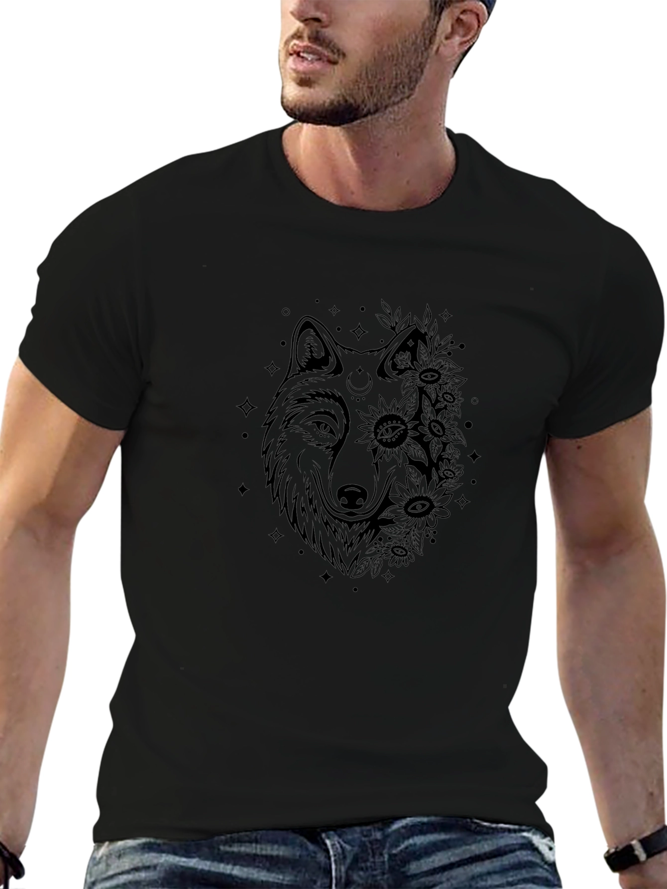 Wolf & Flowers Graphic Tee - Black Cotton Blend