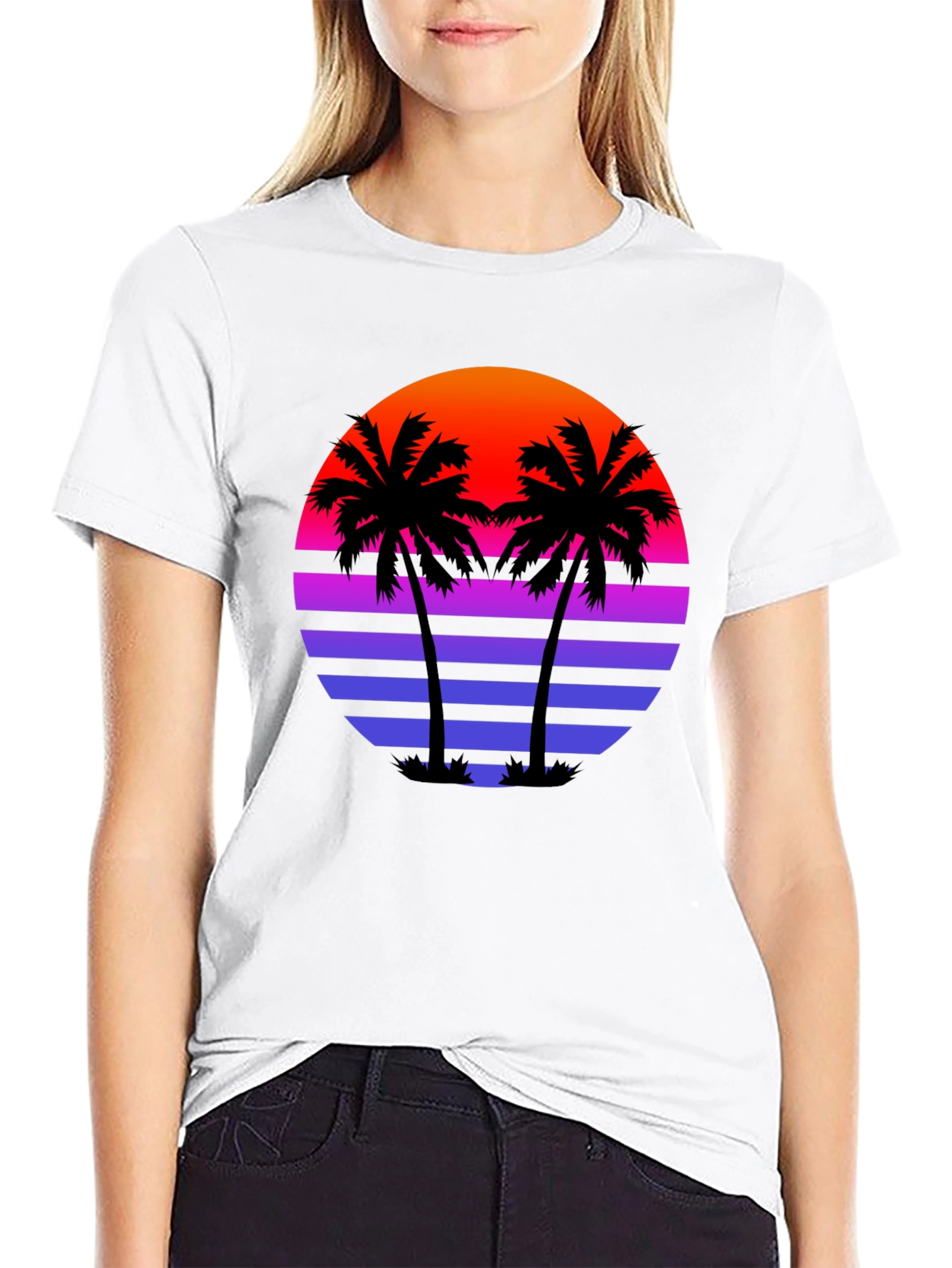 Retro Sunset Palm Tree Black T-Shirt
