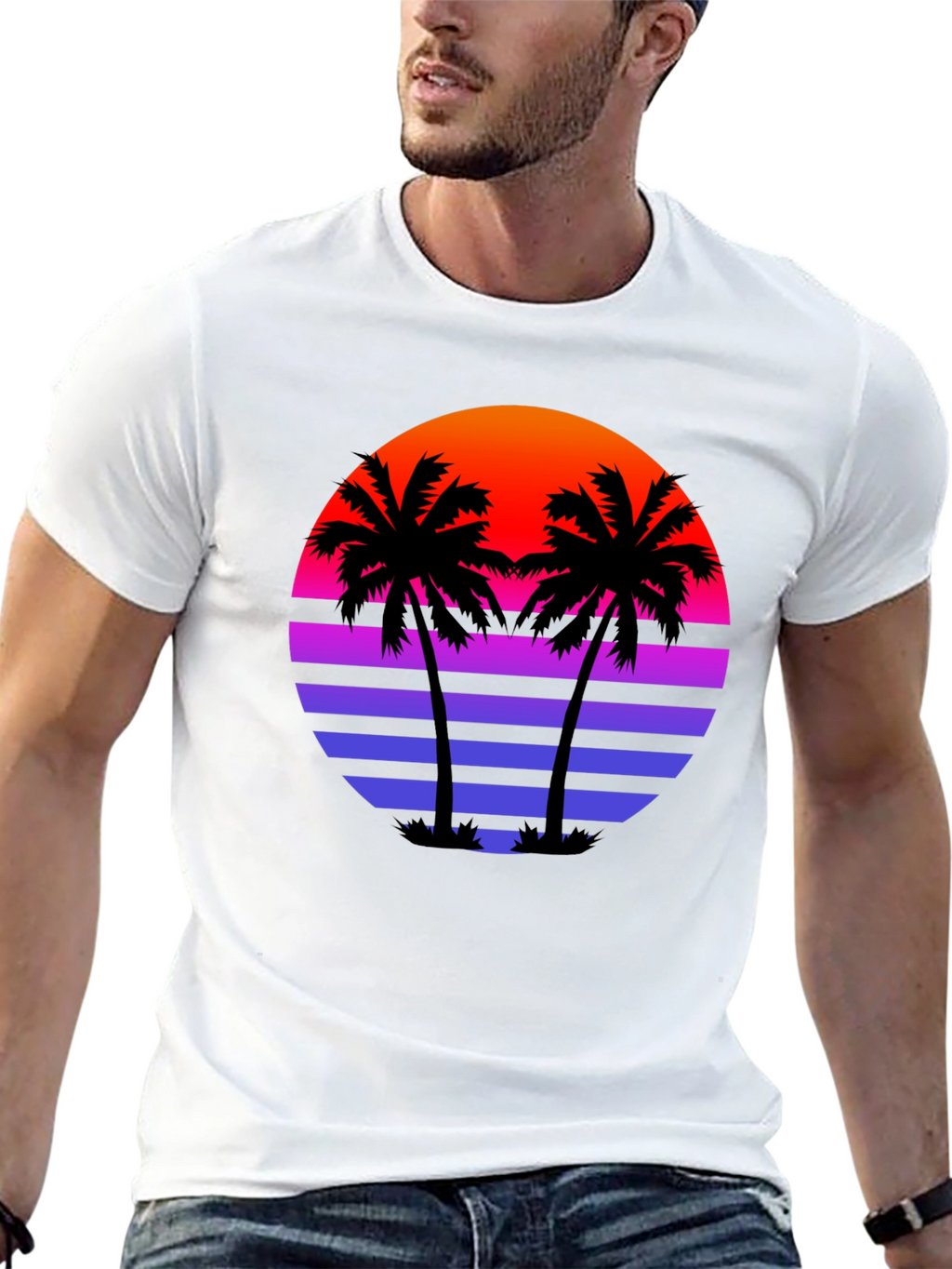 Retro Sunset Palm Tree Black T-Shirt