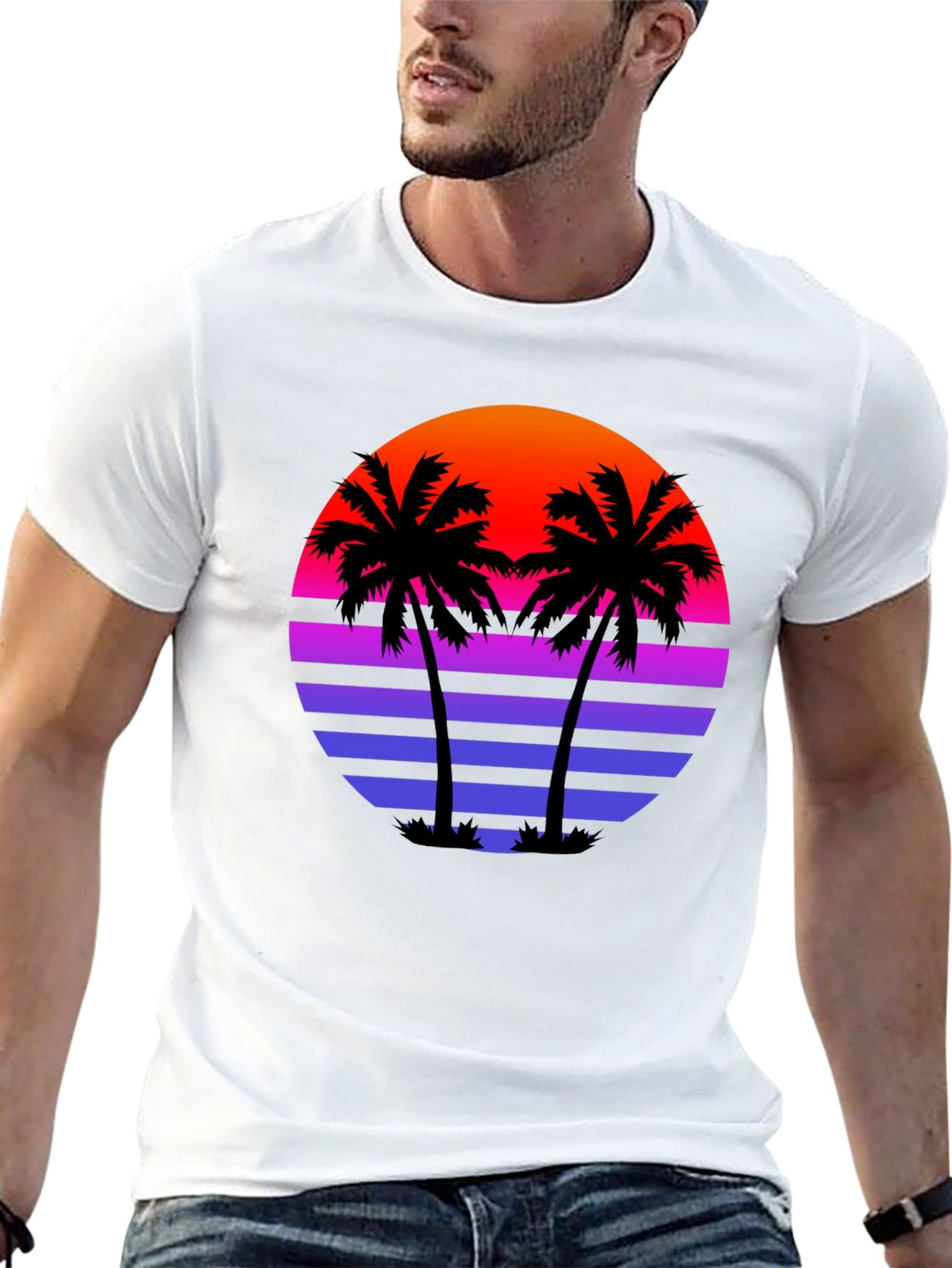 Retro Sunset Palm Tree Black T-Shirt