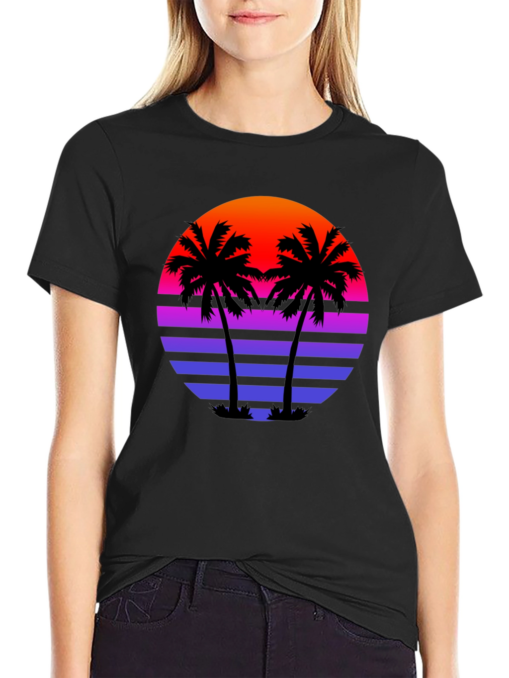 Retro Sunset Palm Tree Black T-Shirt